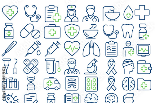 Health and medical care icons in flat vector style for digital design and educational materials
