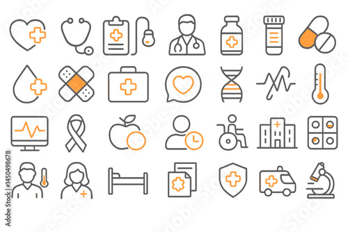 Health and wellness flat vector illustration featuring medical icons related to healthcare and patient services