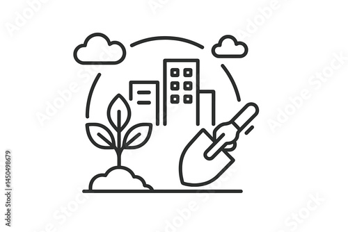 Urban gardening with a shovel and plants in a cityscape under a cloudy sky
