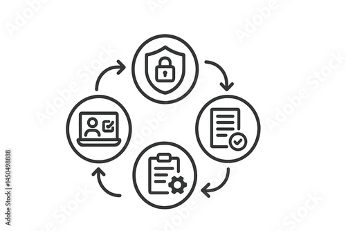 Circular diagram illustrating secure data management practices with icons for monitoring, documentation, and security assurance