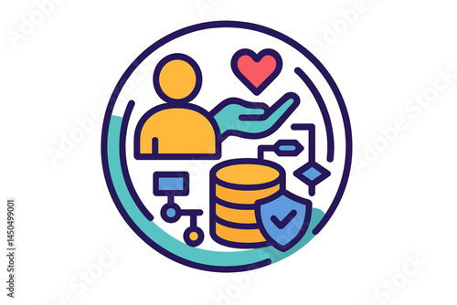 Flat vector illustration depicting data management and health care integration with user interaction in a modern design