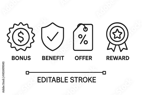 Flat vector illustration of bonus, benefit, offer, and reward symbols representing incentives and promotional strategies