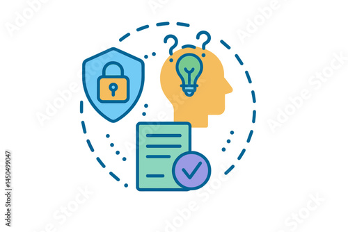Flat vector illustration depicting concepts of security, knowledge, and trust in a digital environment with a human silhouette
