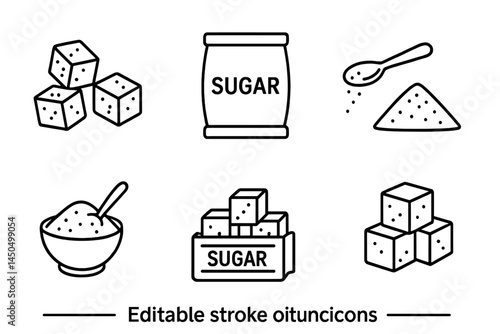 Sugar varieties displayed in a flat vector illustration showcasing different sugar forms and containers in a minimalist style