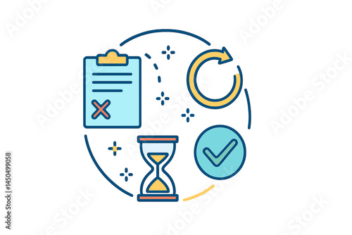 Vectors illustrate time management, task completion, and workflow processes for effective productivity enhancement