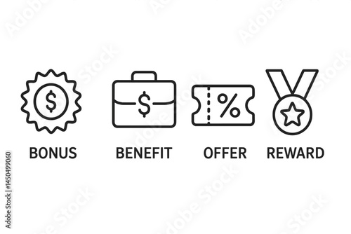 Vector illustration showcasing financial concepts of bonus, benefit, offer, and reward in a minimalist design