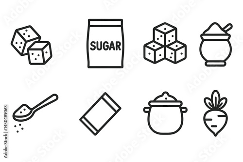 Collection of flat vector illustrations featuring sugar, sweeteners, and related kitchen items