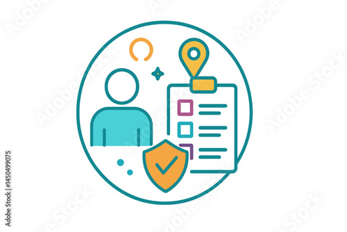 Flat vector illustration depicting a user profile with checklist and location marker in a digital security context