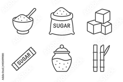 Sugar in various forms depicted in a flat vector illustration showing bowls, bags, and cane