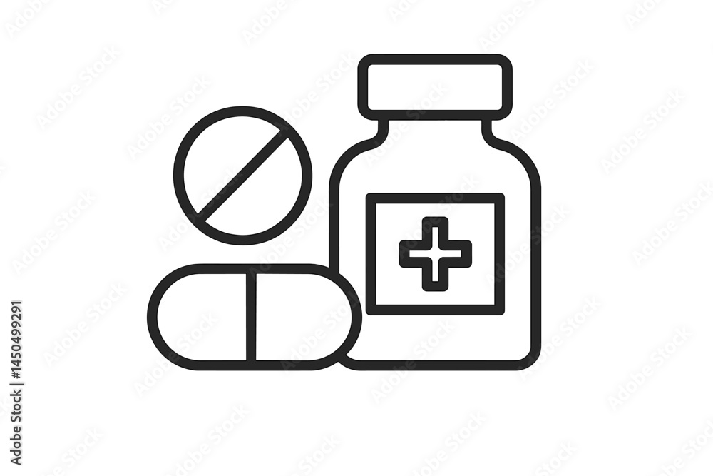 Flat vector illustration of medicine bottle and pills representing healthcare and medication awareness Flat vector illustration of medicine bottle and pills representing healthcare and medication awareness