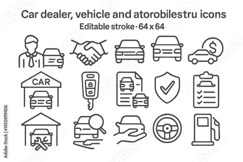 Collection of flat vector icons depicting car dealer activities, vehicles, and automotive services in a modern design style