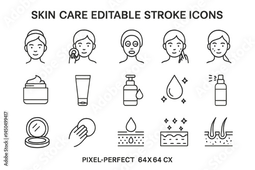 Collection of editable stroke icons representing various skin care activities and products in a flat vector design