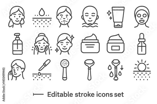 Flat vector illustration featuring skincare and beauty icons including facial treatments and products in a minimalistic style