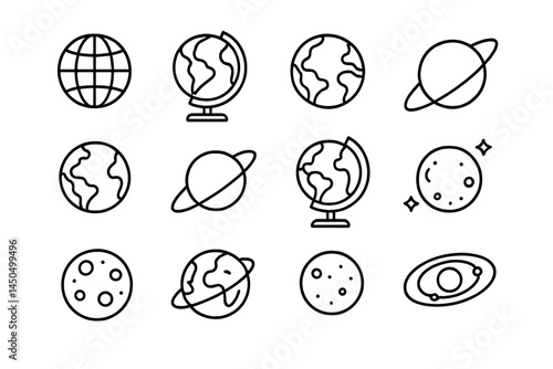 Flat vector illustration of various planets and globes in a minimalistic style showing Earth and celestial bodies in a simple design format