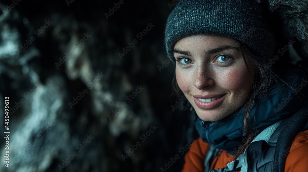 Young woman smiling at the camera in a cave exploring Young woman smiling at the camera in a cave exploring