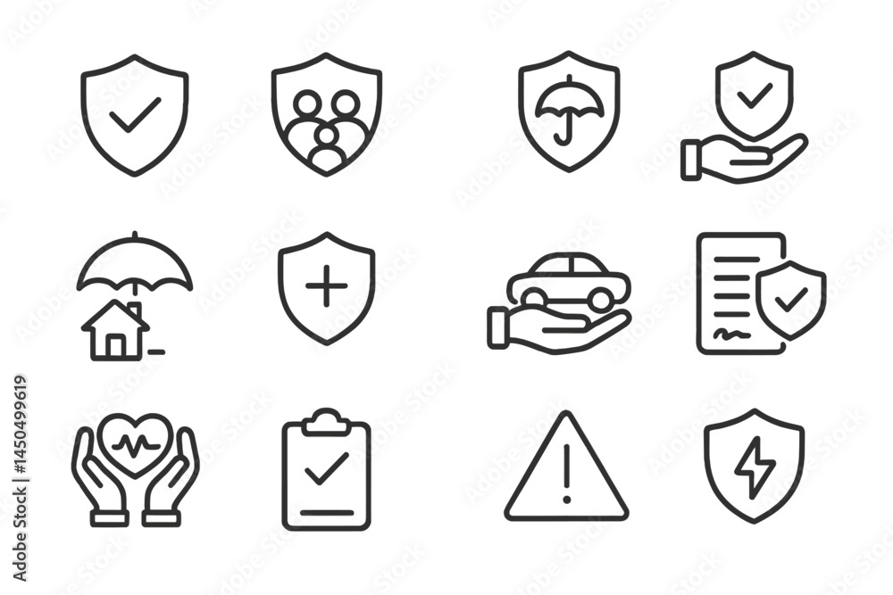 Flat vector illustration of insurance symbols depicting safety, protection, and care for individuals, vehicles, and health needs in a modern design Flat vector illustration of insurance symbols depicting safety, protection, and care for individuals, vehicles, and health needs in a modern design