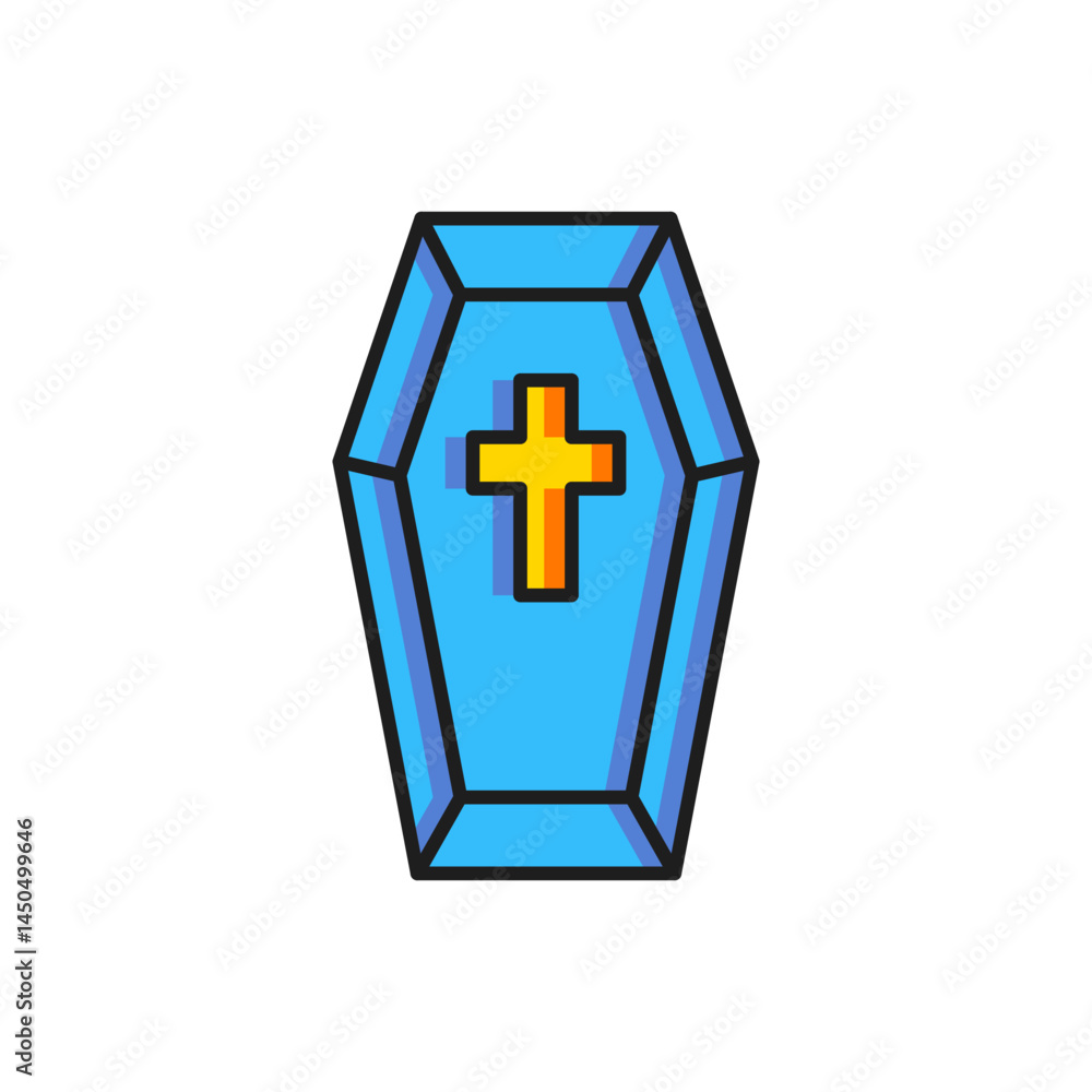 Color Coffin with christian cross icon isolated on white background. Happy Halloween party. Flat filled outline style with shadow. Vector Color Coffin with christian cross icon isolated on white background. Happy Halloween party. Flat filled outline style with shadow. Vector