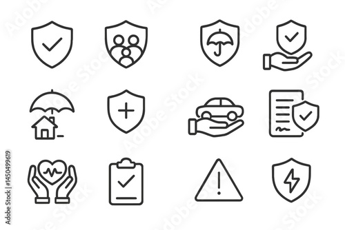 Flat vector illustration of insurance symbols depicting safety, protection, and care for individuals, vehicles, and health needs in a modern design