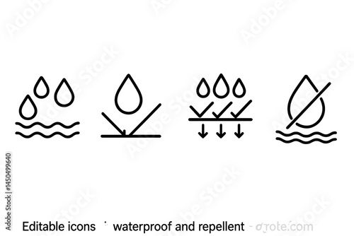 Flat vector illustration of waterproof and repellent icons depicting water resistance features
