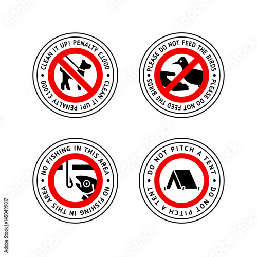 Prohibited label Do not walk here dog, No fishing, Do not feed birds, Do not pitch a tent, forbidding sticker set