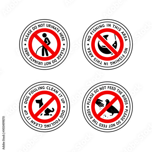 Prohibited label No dog fouling, No fishing, Do not feed birds, do not urinate here, forbidding sticker set