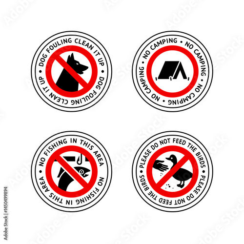 Prohibited label No dog fouling, No ice fishing, Do not feed birds, No camping, forbidding sticker set