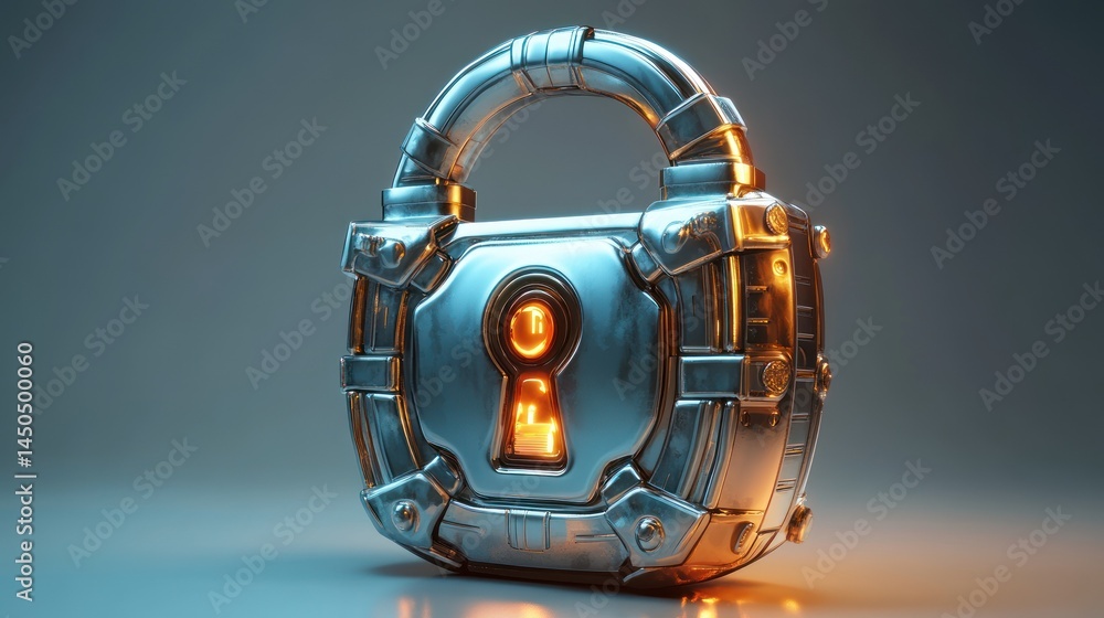 3D lock emoji symbol with metallic futuristic case, isolated white background 3D lock emoji symbol with metallic futuristic case, isolated white background