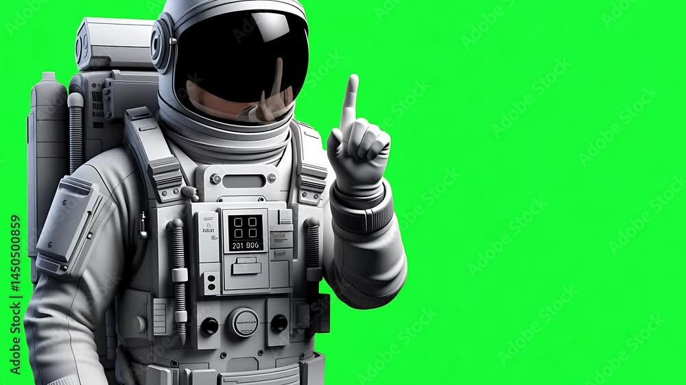 Person in spacesuit pointing finger upwards on a solid green background Person in spacesuit pointing finger upwards on a solid green background