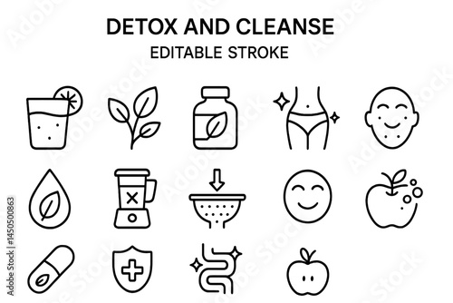 Concept of detox and cleanse with various health-related icons in flat vector illustration style