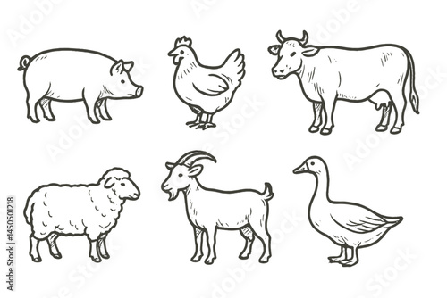 Farm animals in a flat vector illustration showing various livestock and poultry engaging in activities on a farm setting