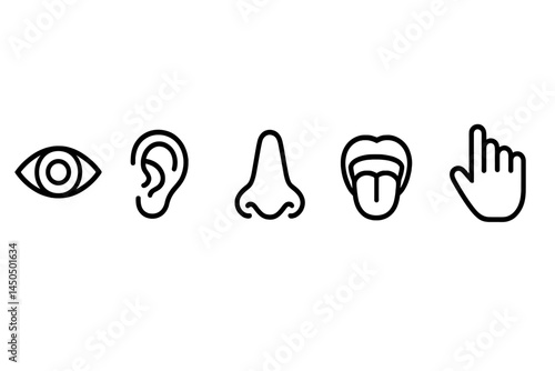 Visual representation of human senses in flat vector style with eye, ear, nose, tongue, and hand features