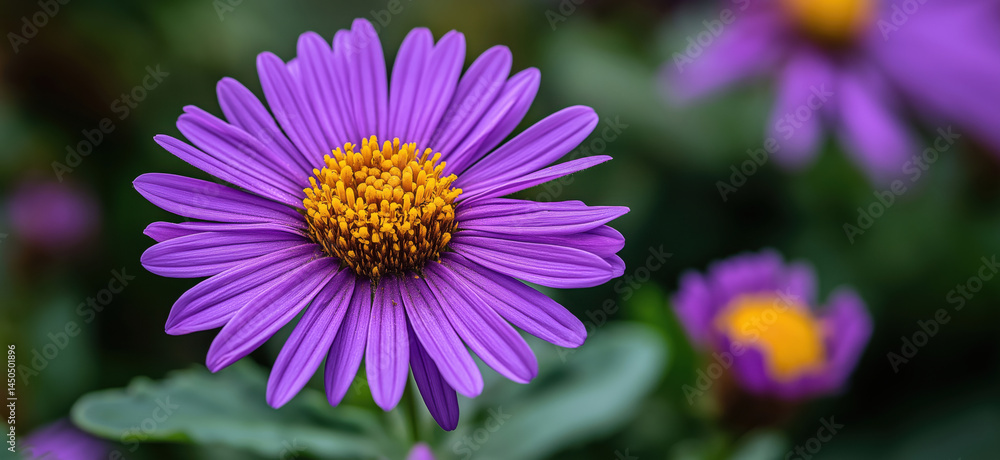 Obraz premium Purple flower with vibrant yellow center surrounded by lush green foliage.