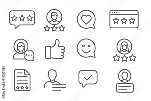 Vector illustration of feedback and review symbols with star ratings, faces, and icons representing satisfaction and interaction