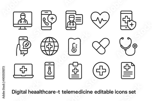 Vector representation of telemedicine icons featuring healthcare symbols and technology devices for digital health services