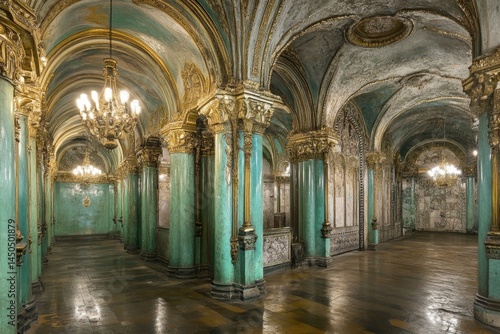 Ornate Hallway with Teal Walls and Gold Accents