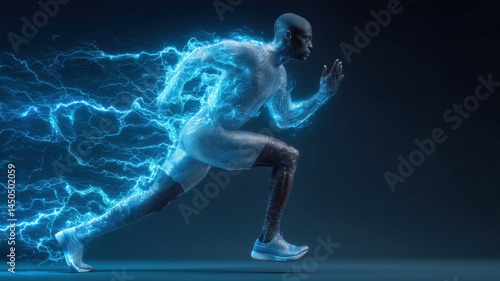 Athlete Running with Blue Energy Trails — a detailed and modern 3D-style concept ideal for tech visuals, infographics, marketing materials, and futuristic digital presentations.