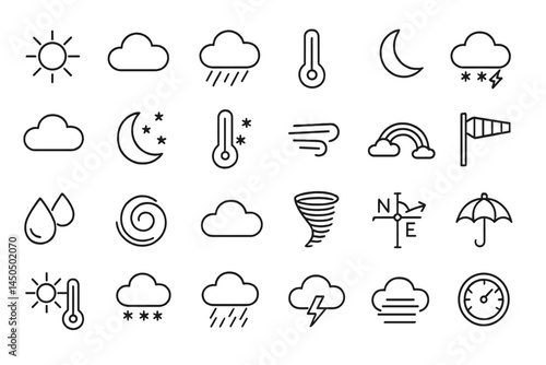 Collection of flat vector weather icons representing various conditions such as sun, clouds, rain, and storms in a simple design