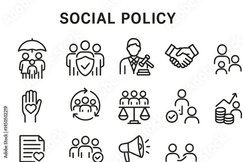 Concepts of social policy illustrated through simple vector graphics showcasing community support and governance