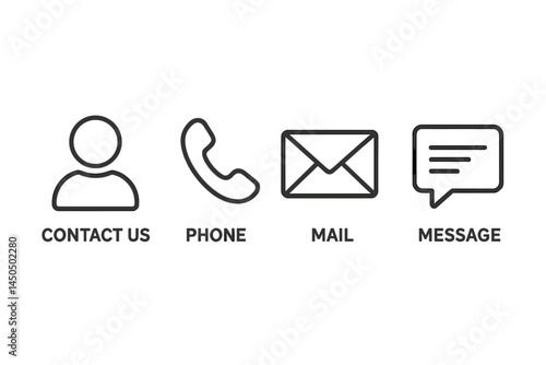 Simple flat vector illustration of contact options for communication including icon for user, phone, mail, and message