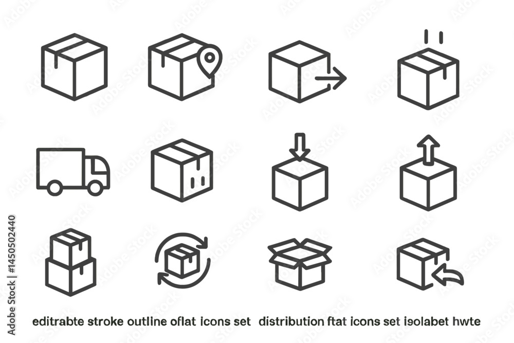 Flat vector illustration of various package icons depicting delivery, handling, and distribution activities Flat vector illustration of various package icons depicting delivery, handling, and distribution activities