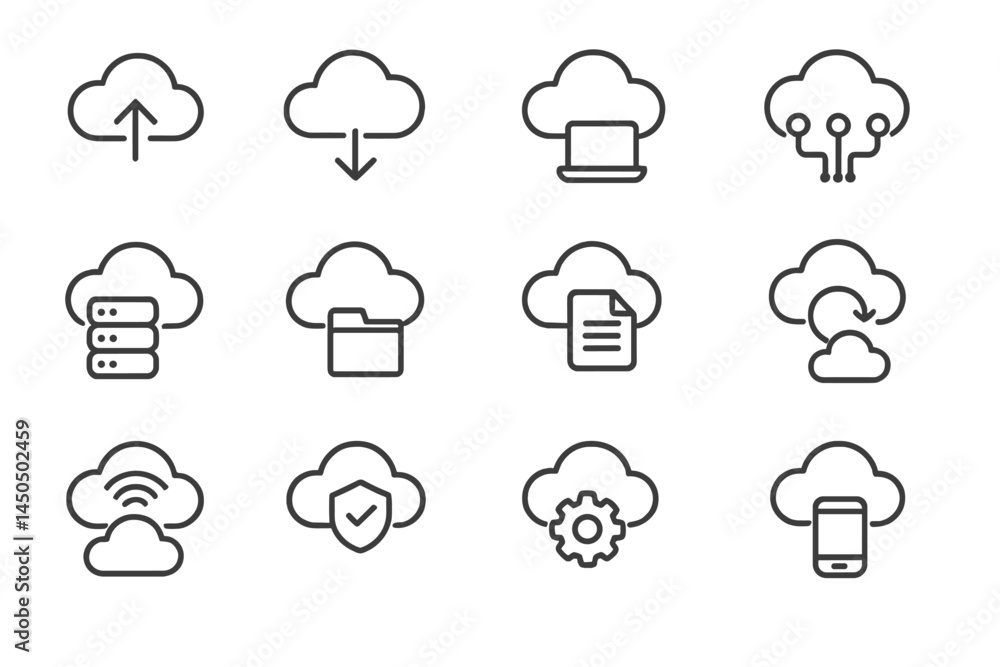 Cloud computing icons showcasing various aspects of technology integration and data management in a minimalist design style Cloud computing icons showcasing various aspects of technology integration and data management in a minimalist design style