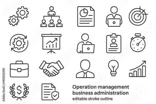 Flat vector illustration showcasing key concepts of operation management and business administration with relevant icons and symbols