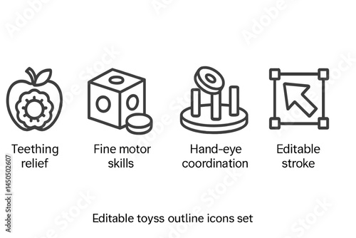 Vector graphic displays various toys designed for developmental purposes, emphasizing teething relief, fine motor skills, and hand-eye coordination