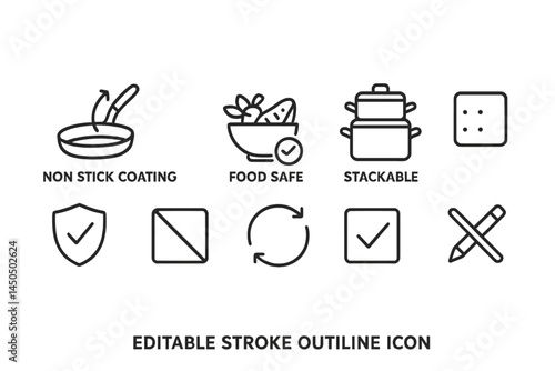 Flat vector illustration of various kitchenware icons showcasing features like non-stick coating and food safety