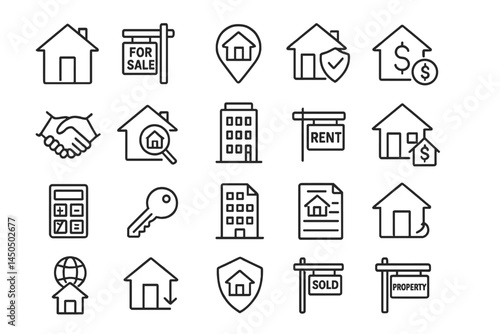Real estate icons collection showcasing various property transaction activities in a flat vector style
