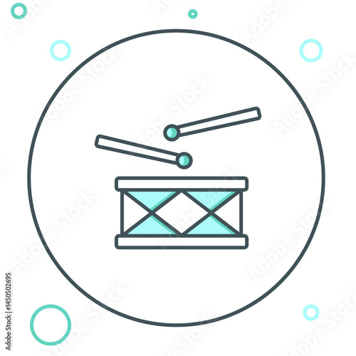 Line Drum with drum sticks icon isolated on white background. Music sign. Musical instrument symbol. Colorful outline concept. Vector