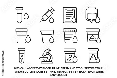 Flat vector illustration showcasing medical laboratory tests including blood, urine, sperm, and stool sample equipment and tools