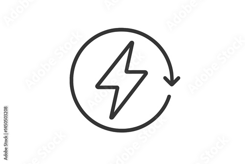 Flat vector illustration of a lightning bolt and arrow in a circular motion representing renewable energy and sustainability concepts