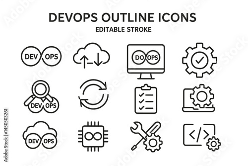 DevOps outline icons showcasing various tools and concepts related to software development and operations in a flat vector style