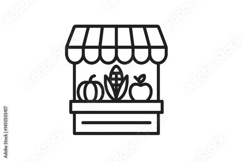 Flat vector illustration of a market stall with fruits and vegetables in a bustling urban setting during daytime